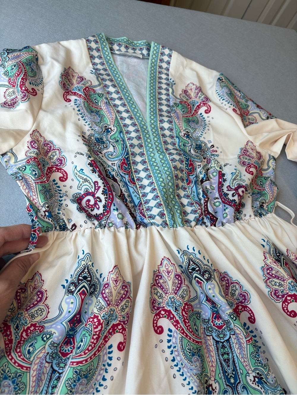 Boho Chic Paisley V-Neck Tunic Dress in Cream Teal Burgundy Goodnight Macaroon M - Picture 7 of 8
